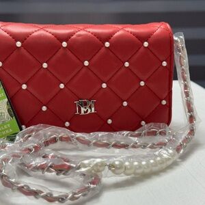 Badgley Mischka Red Quilted Evening Bag with Pearl Accents